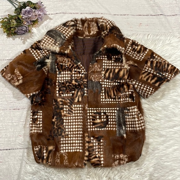 Tuleh Brown Patterned Chinchilla Real Fur Short Sleeve Jacket - Picture 1 of 12